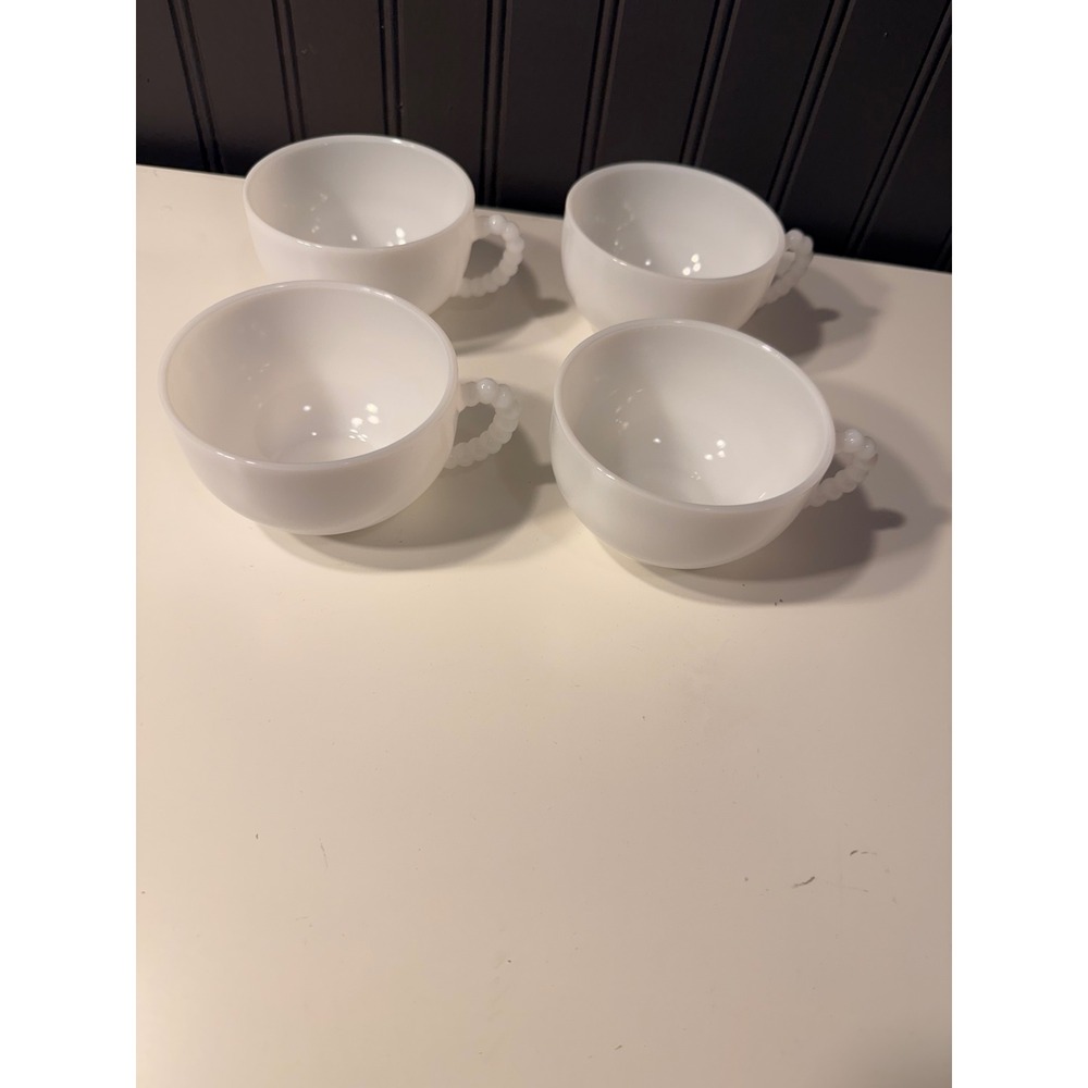 Hazel Atlas White Milk Glass Cups / Mugs Beaded Handles Vintage Four Set